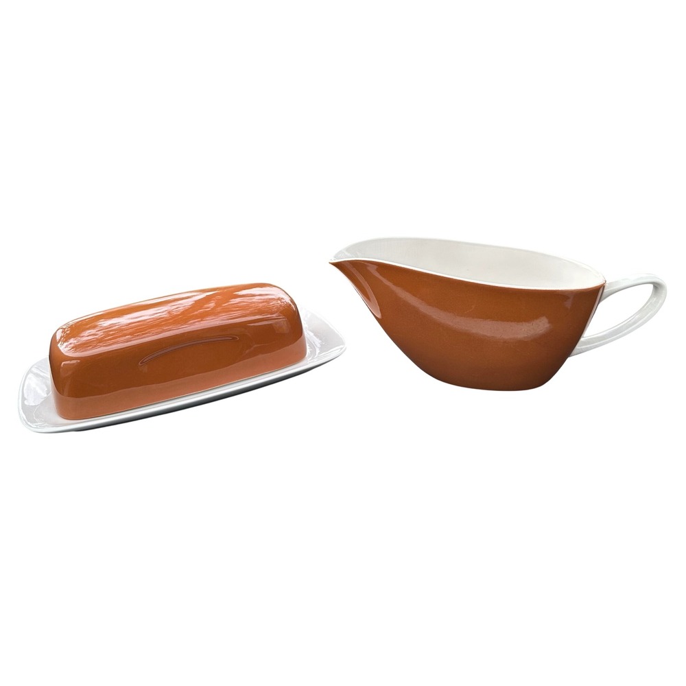 Vintage Harmony House Harvest Ironstone Gravy Boat & Covered Butter Dish Set MCM